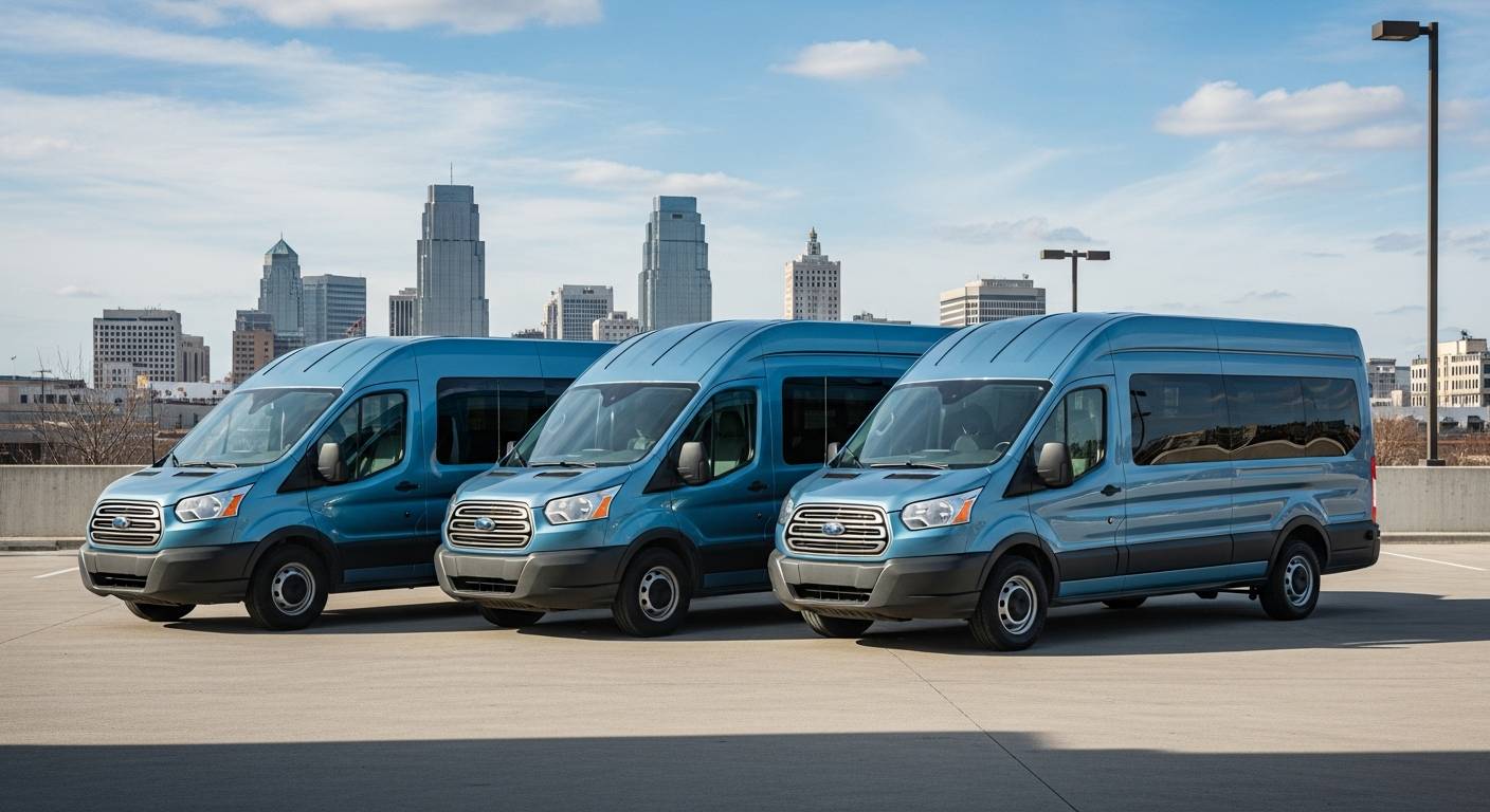 ParkIt Transportation fleet of metallic blue Ford Transit vans